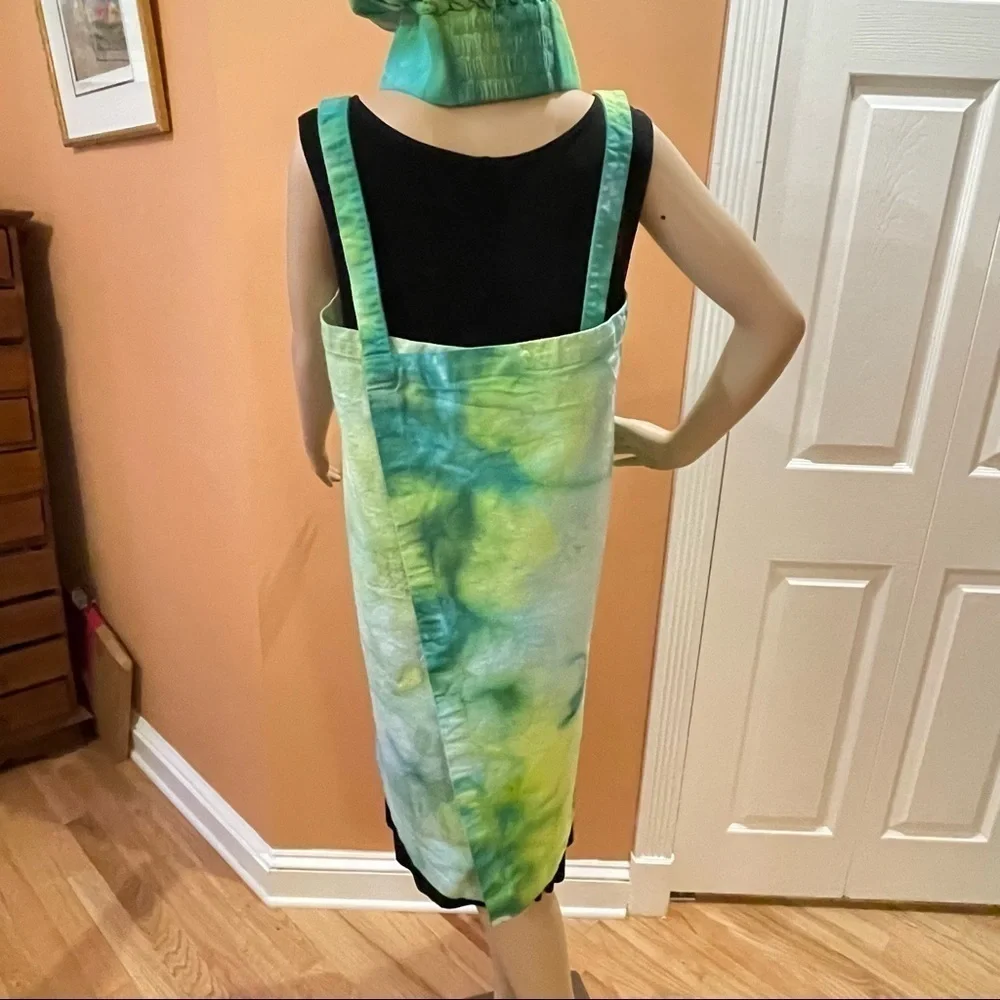 Tie Dye large Japanese wrap around apron with matching toque chef's hat green